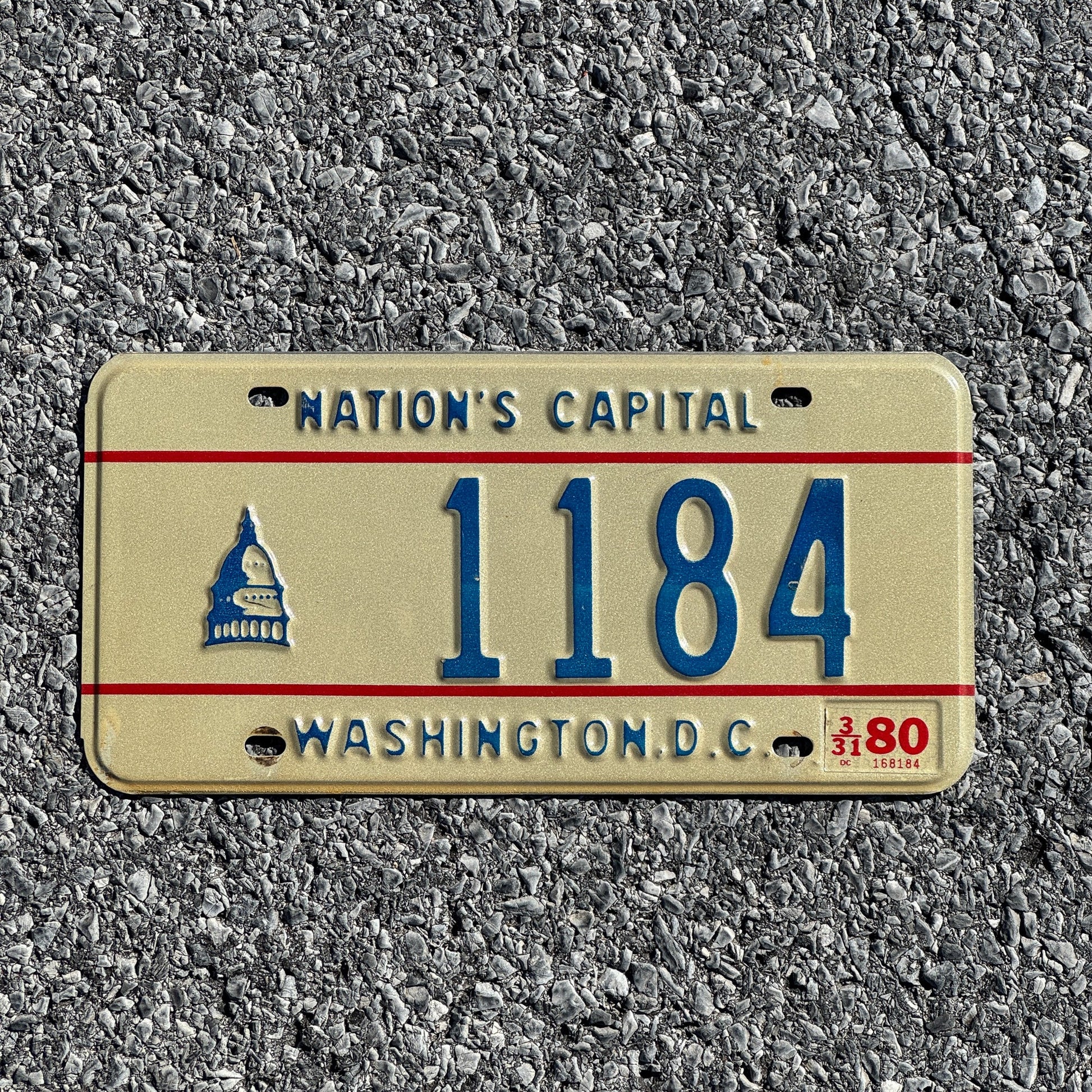 Photo of a 1979 1980 Washington D.C. License Plate Auto Tag Garage Decor Vintage Low Number Four Digit 1184