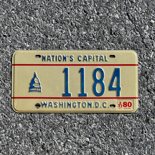 Photo of a 1979 1980 Washington D.C. License Plate Auto Tag Garage Decor Vintage Low Number Four Digit 1184
