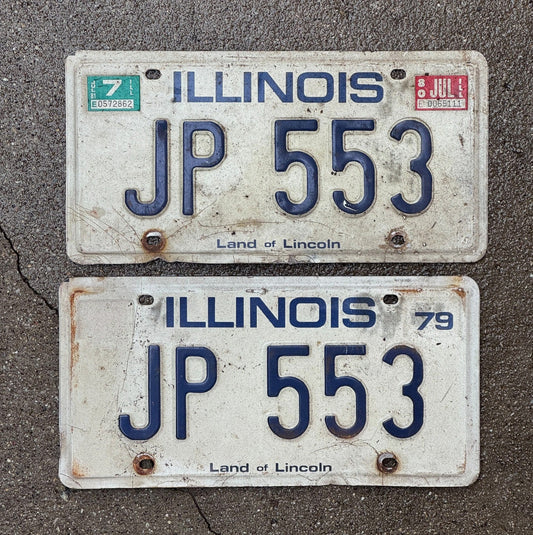 Photo of a 1979 1981 Illinois License Plate Pair Auto Tag Garage Decor Vintage JP 553