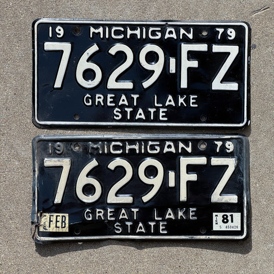 Photo of a 1979 1981 Michigan Commercial License Plate Pair Auto Tag Garage Decor Vintage 7629 FZ with original patina