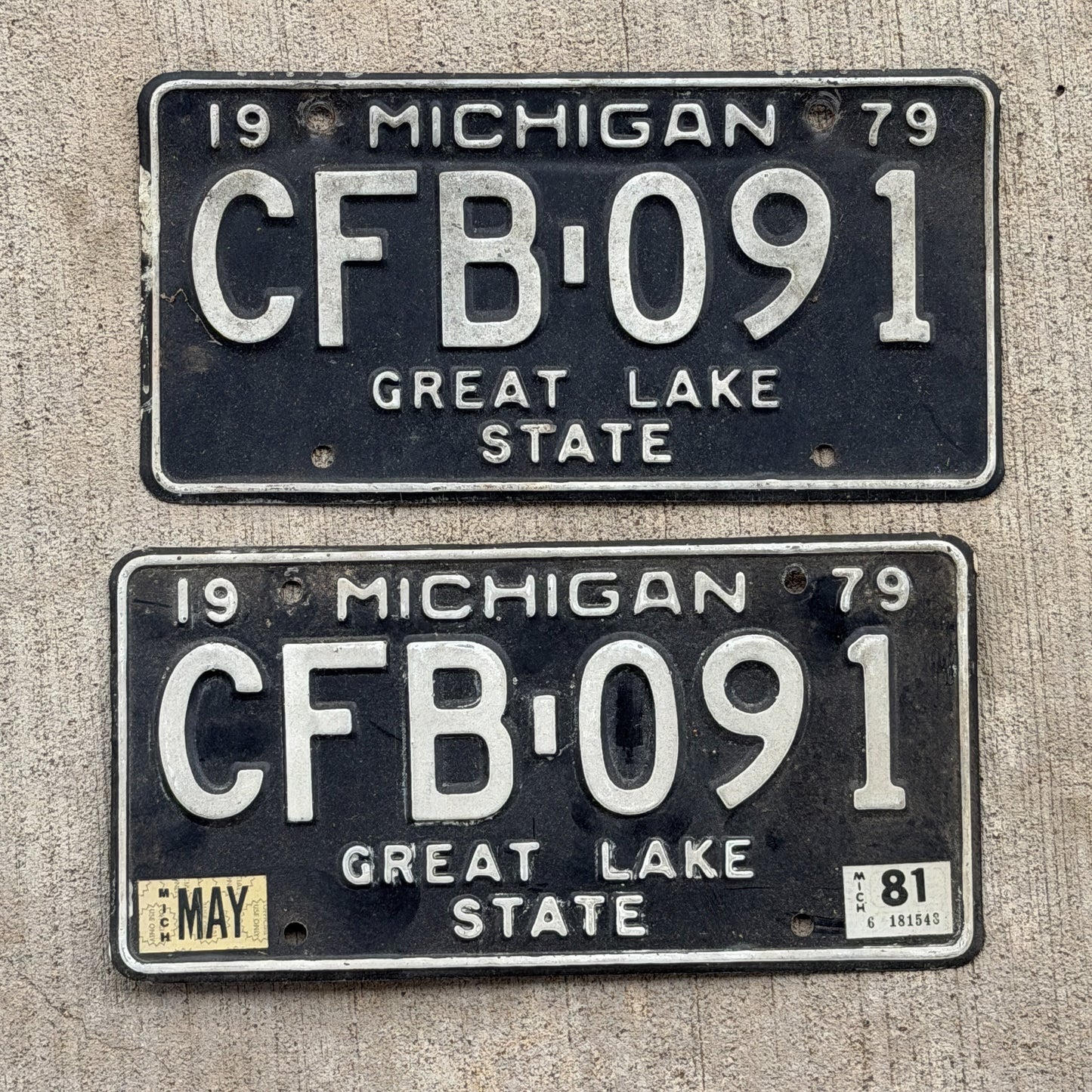 Photo of a 1979 1981 Michigan License Plate Pair Auto Tag Garage Decor Vintage CFB 091 with original patina