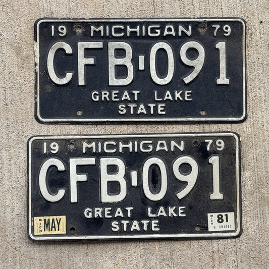 Photo of a 1979 1981 Michigan License Plate Pair Auto Tag Garage Decor Vintage CFB 091 with original patina