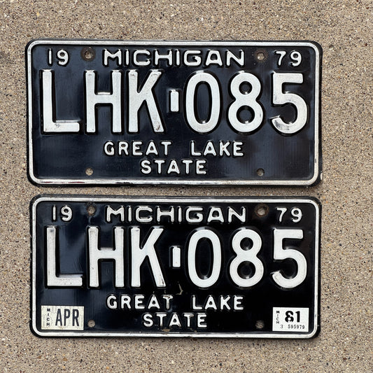 Photo of a 1979 1981 Michigan License Plate Pair Auto Tag Garage Decor Vintage LHK 085 with original patina