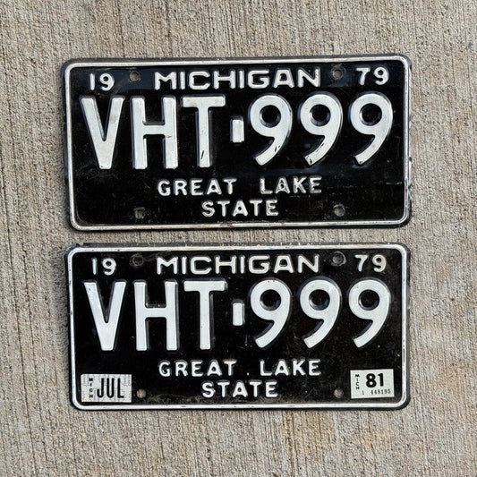 Photo of a 1979 1981 Michigan License Plate Pair Auto Tag Garage Decor Vintage Repeat Repeating VHT 999 with original patina