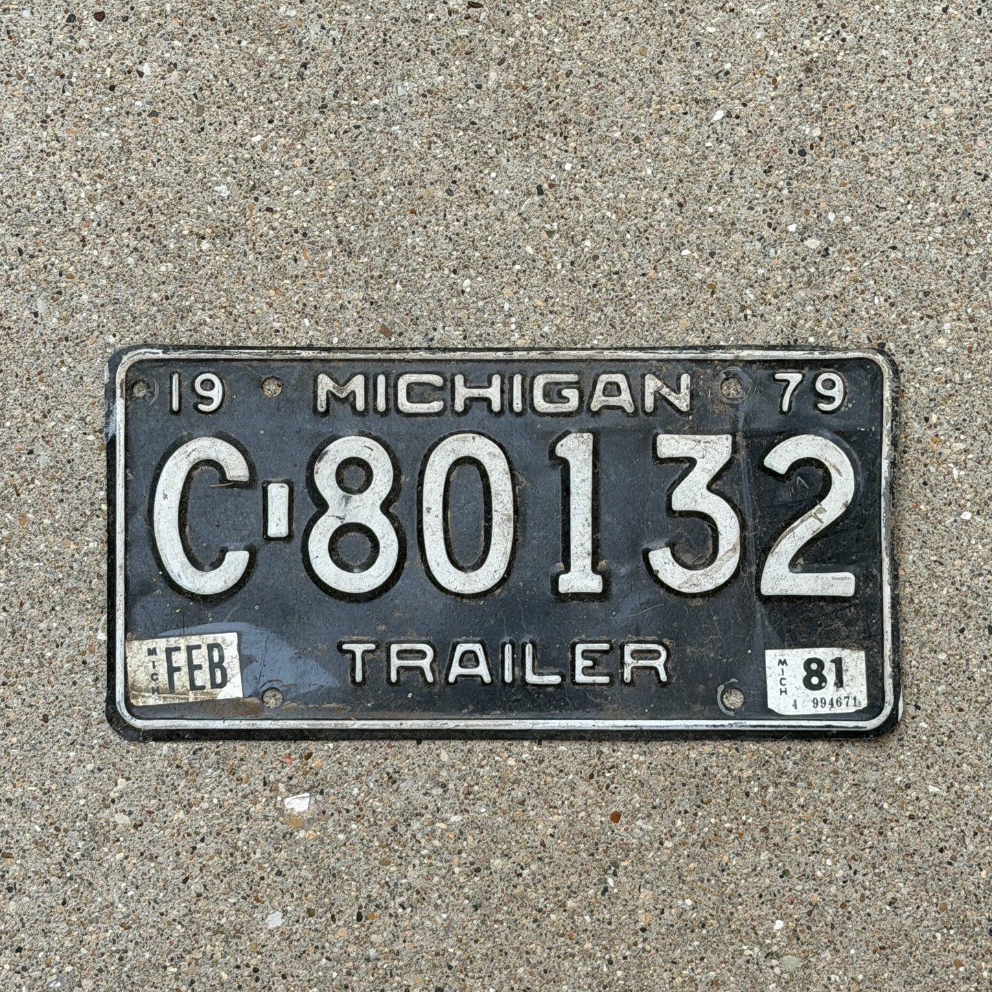 Photo of a 1979 1981 Michigan Trailer License Plate Auto Tag Garage Decor Vintage C 80132 with original patina