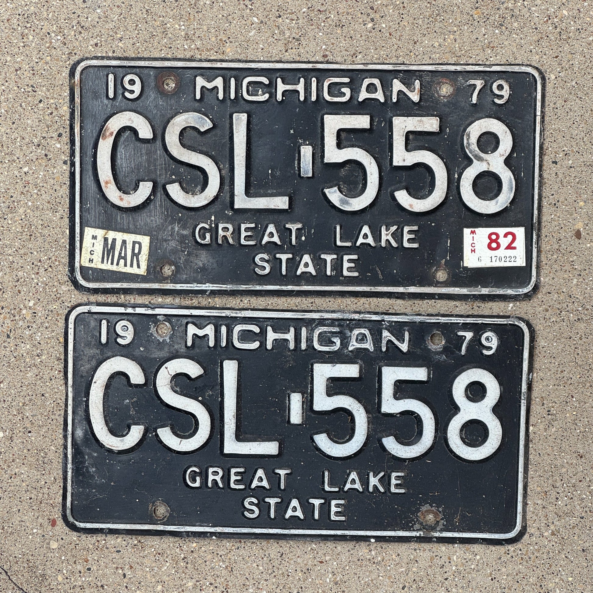 Photo of a 1979 1982 Michigan License Plate Pair Auto Tag Garage Decor Vintage CSL 558