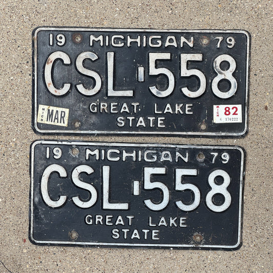 Photo of a 1979 1982 Michigan License Plate Pair Auto Tag Garage Decor Vintage CSL 558