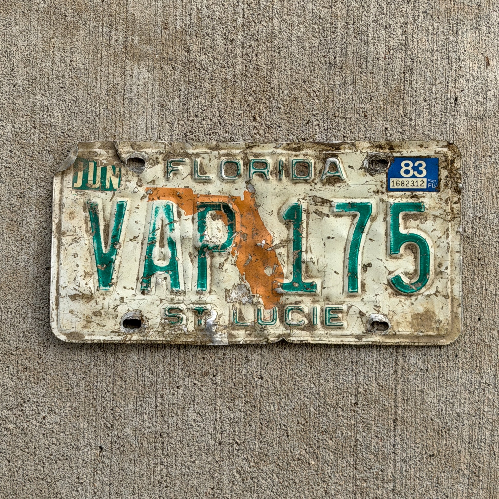 Photo of a 1979 1983 Florida License Plate Auto Tag Garage Decor Vintage VAP 175 with original patina