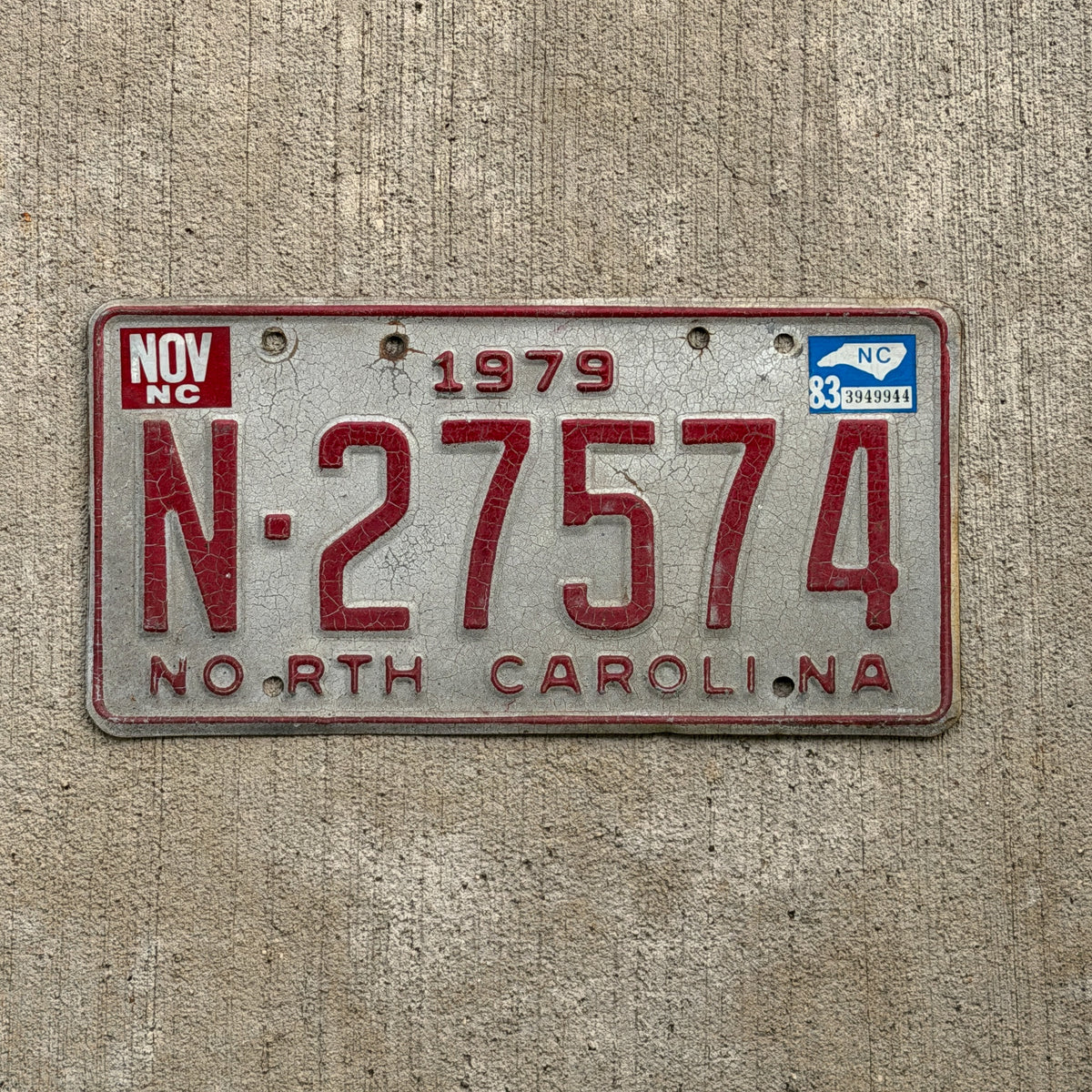 Photo of a 1979 1983 North Carolina Trailer License Plate Auto Tag Garage Decor Vintage N 27574 with original patina