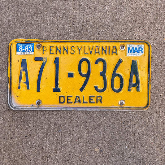 Photo of a 1979 1983 Pennsylvania Dealer License Plate Auto Tag Garage Decor Vintage A71 936A with original patina