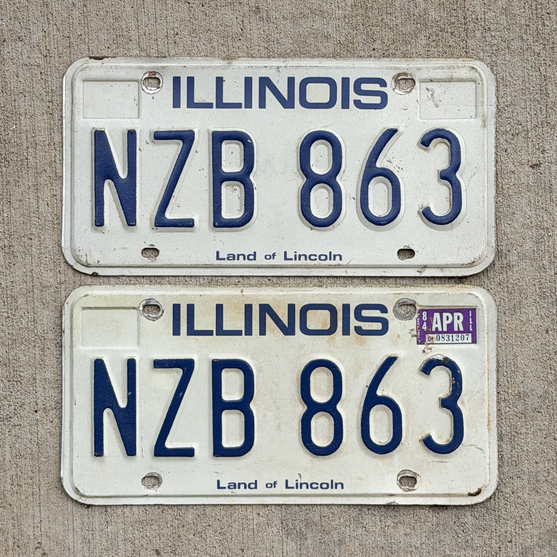 Photo of a 1979 1984 Illinois License Plate Pair Auto Tag Garage Decor Vintage NZB 863 with original patina