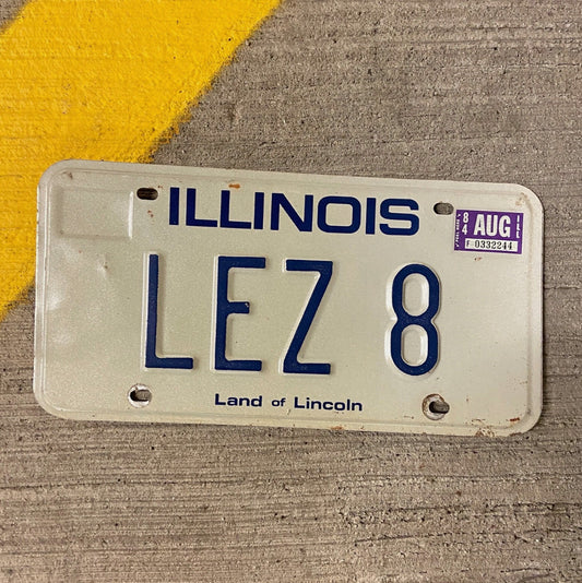 Photo of a 1979 1984 Illinois Vanity License Plate Auto Tag Garage Decor Vintage LEZ 8 with original patina