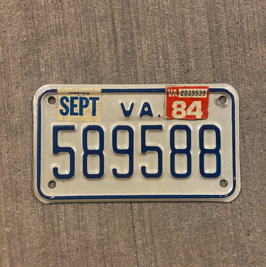 Photo of a 1979 1984 Virginia Motorcycle License Plate Auto Tag Garage Decor Vintage 589588 with original patina