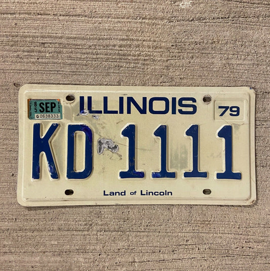 Photo of a 1979 1985 Illinois License Plate Auto Tag Garage Decor Vintage Repeat Repeating KD 1111 with original patina