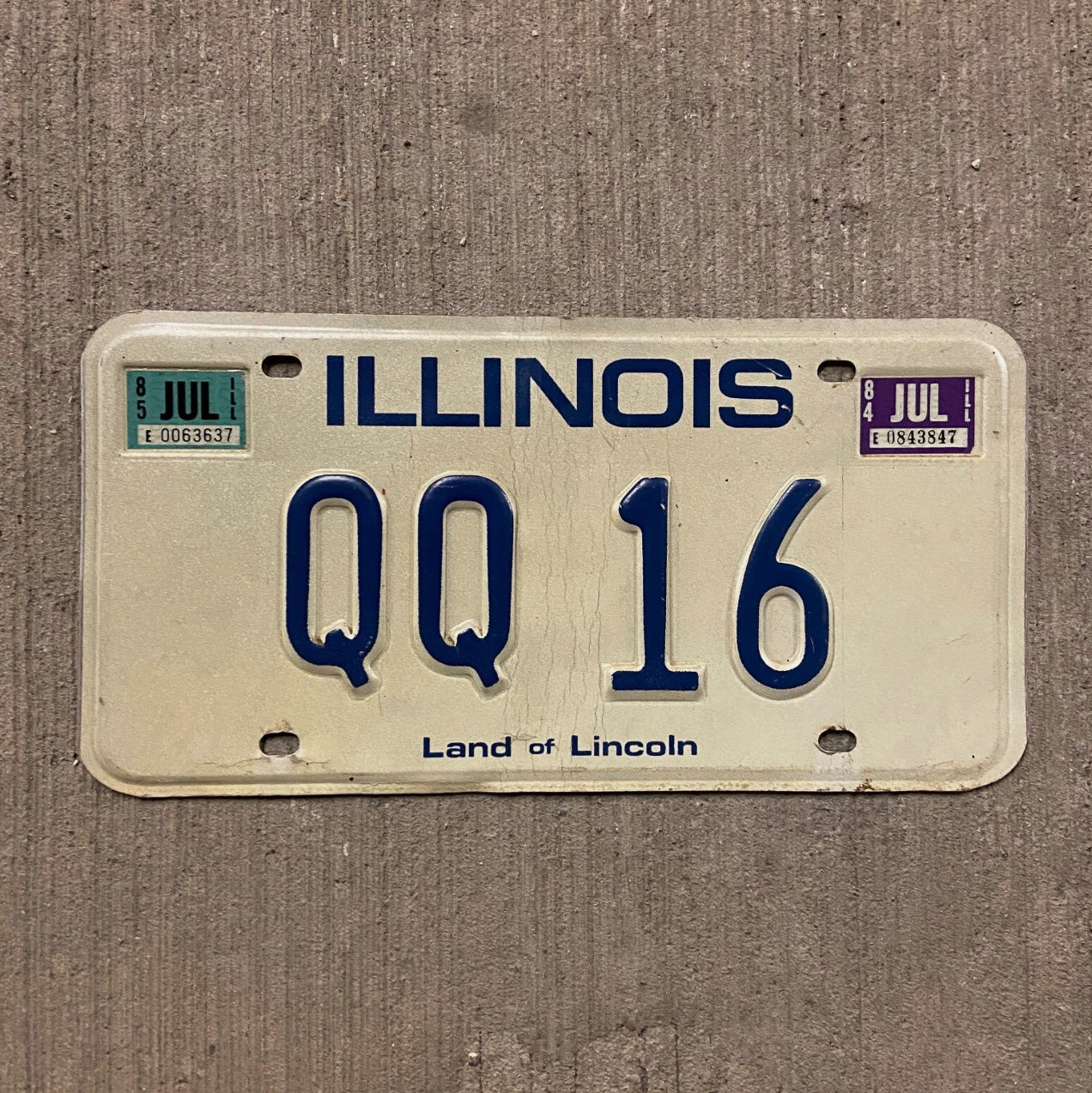 Photo of a 1979 1985 Illinois Vanity License Plate Auto Tag 1 Vintage Garage QQ 16 with original patina