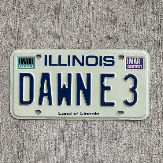 Photo of a 1979 1985 Illinois Vanity License Plate Auto Tag Garage Decor Vintage DAWN E 3 with original patina