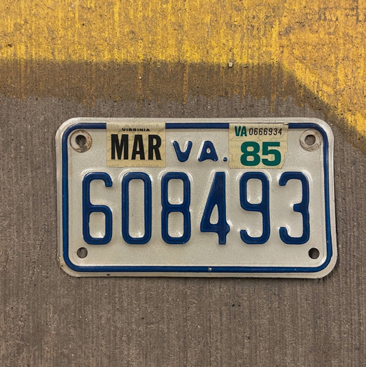 Photo of a 1979 1985 Virginia Motorcycle License Plate Auto Tag Garage Decor Vintage 608493 with original patina