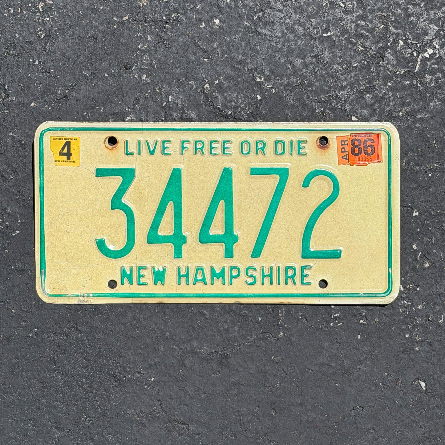 Photo of a 1979 1986 New Hampshire License Plate Auto Tag Garage Decor Vintage 34472 with original patina