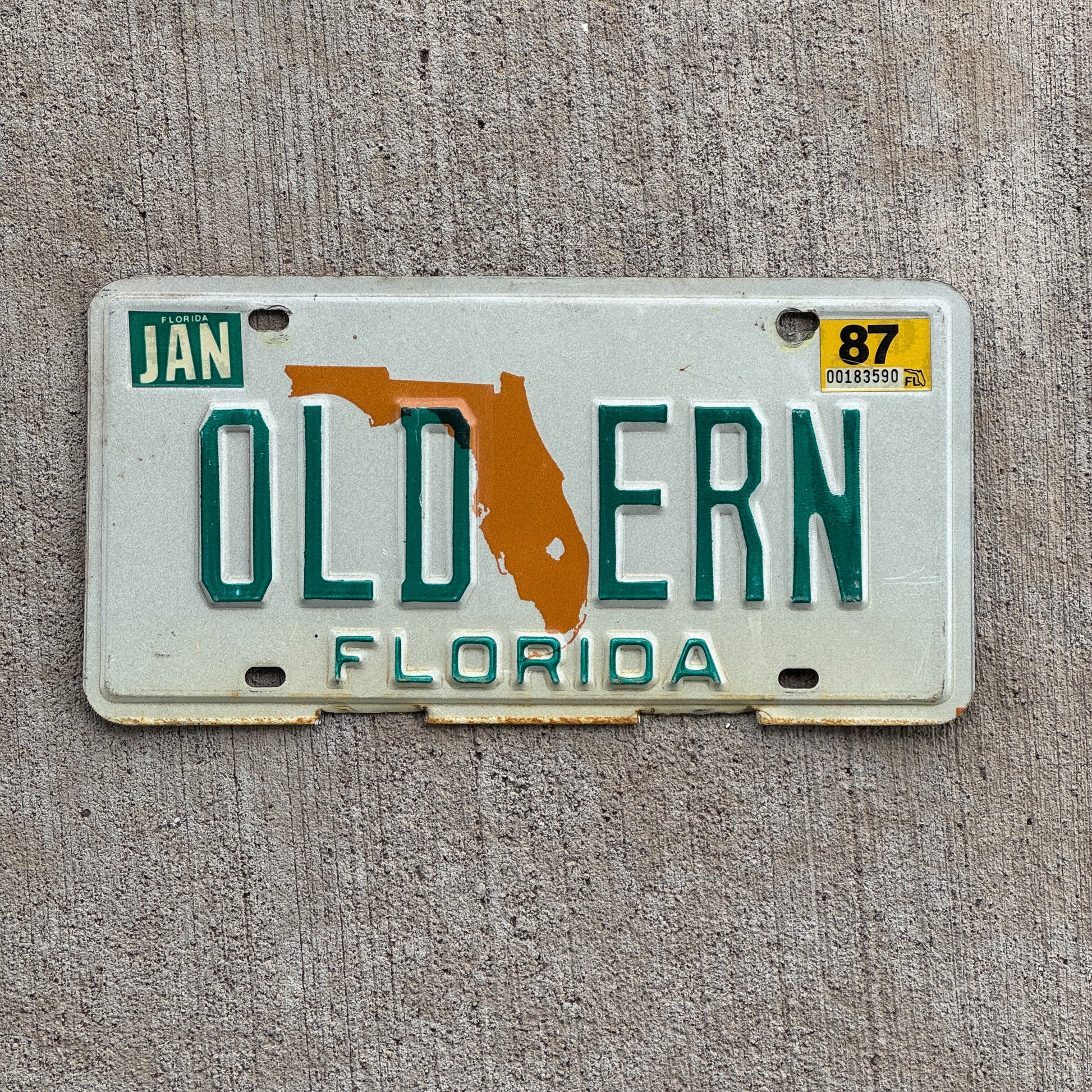 Photo of a 1979 1987 Florida Vanity License Plate Auto Tag Garage Decor Vintage Ernie OLD ERN with original patina