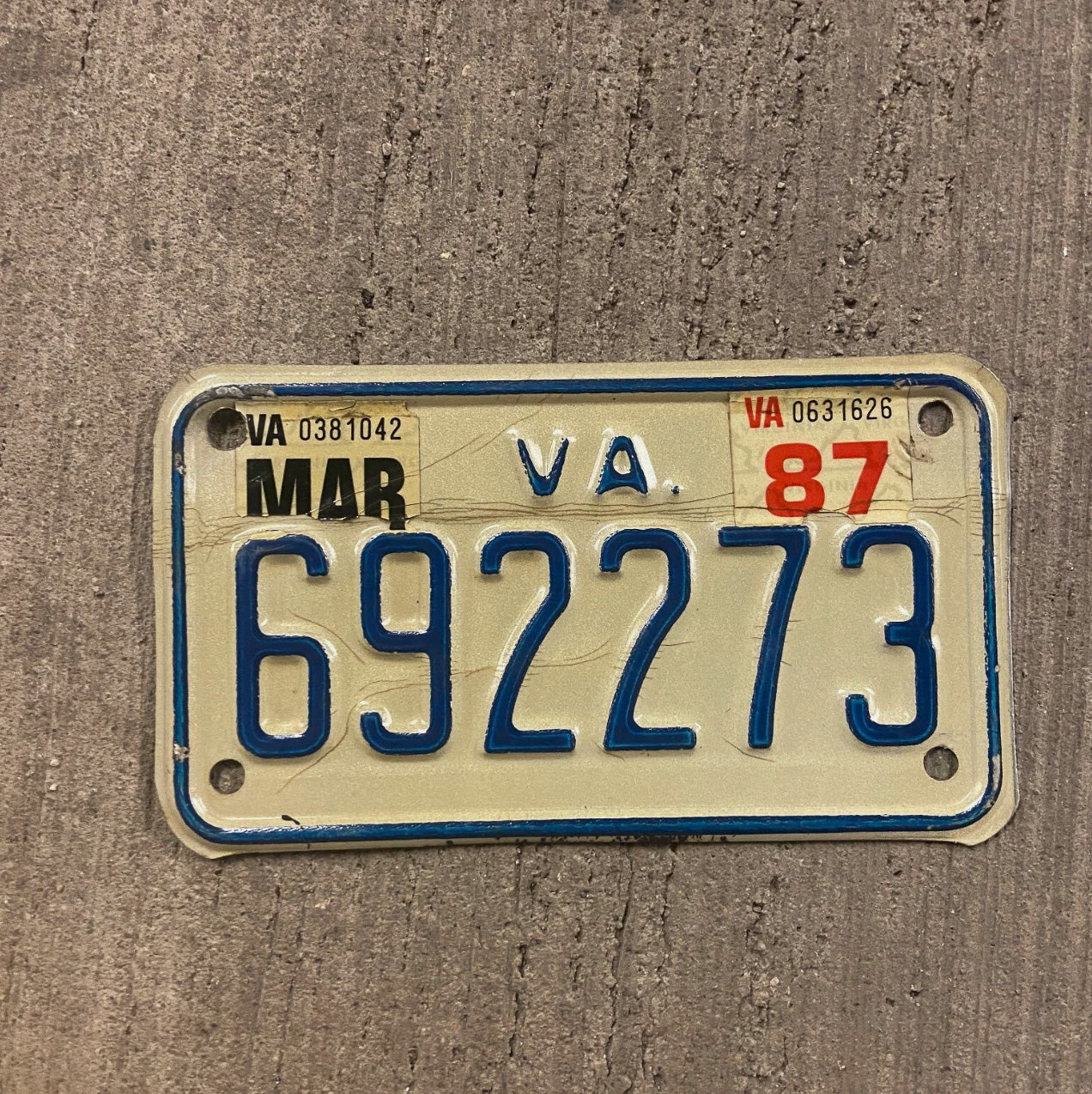 Photo of a 1979 1987 Virginia Motorcycle License Plate Auto Tag Garage Decor Vintage 692273 with original patina