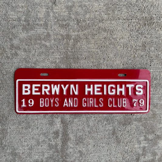 Photo of a 1979 Berwyn Heights Maryland License Plate Topper Auto Tag Garage Decor Vintage Boys Girls Club Near Washington DC with original patina