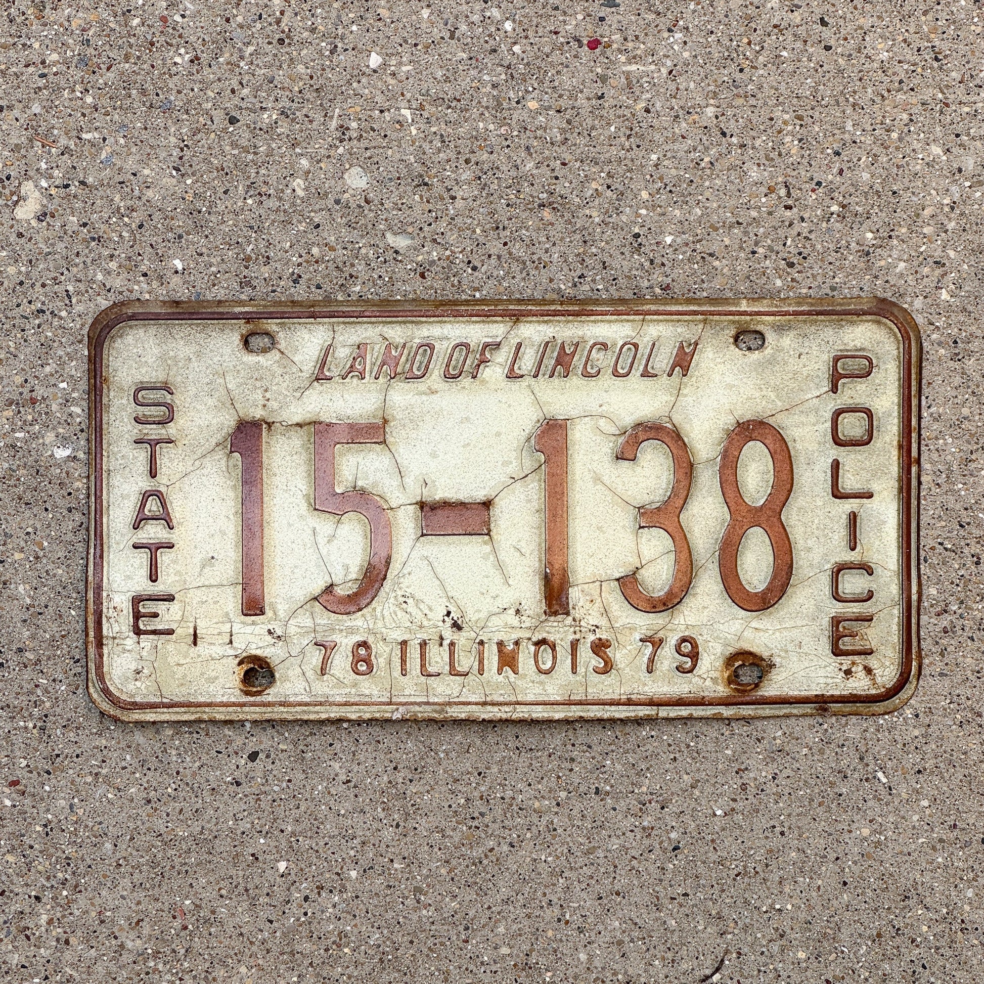 Photo of a 1979 Illinois State Police License Plate Auto Tag Garage Decor Vintage Patrol Cop Trooper 15 138 with original patina