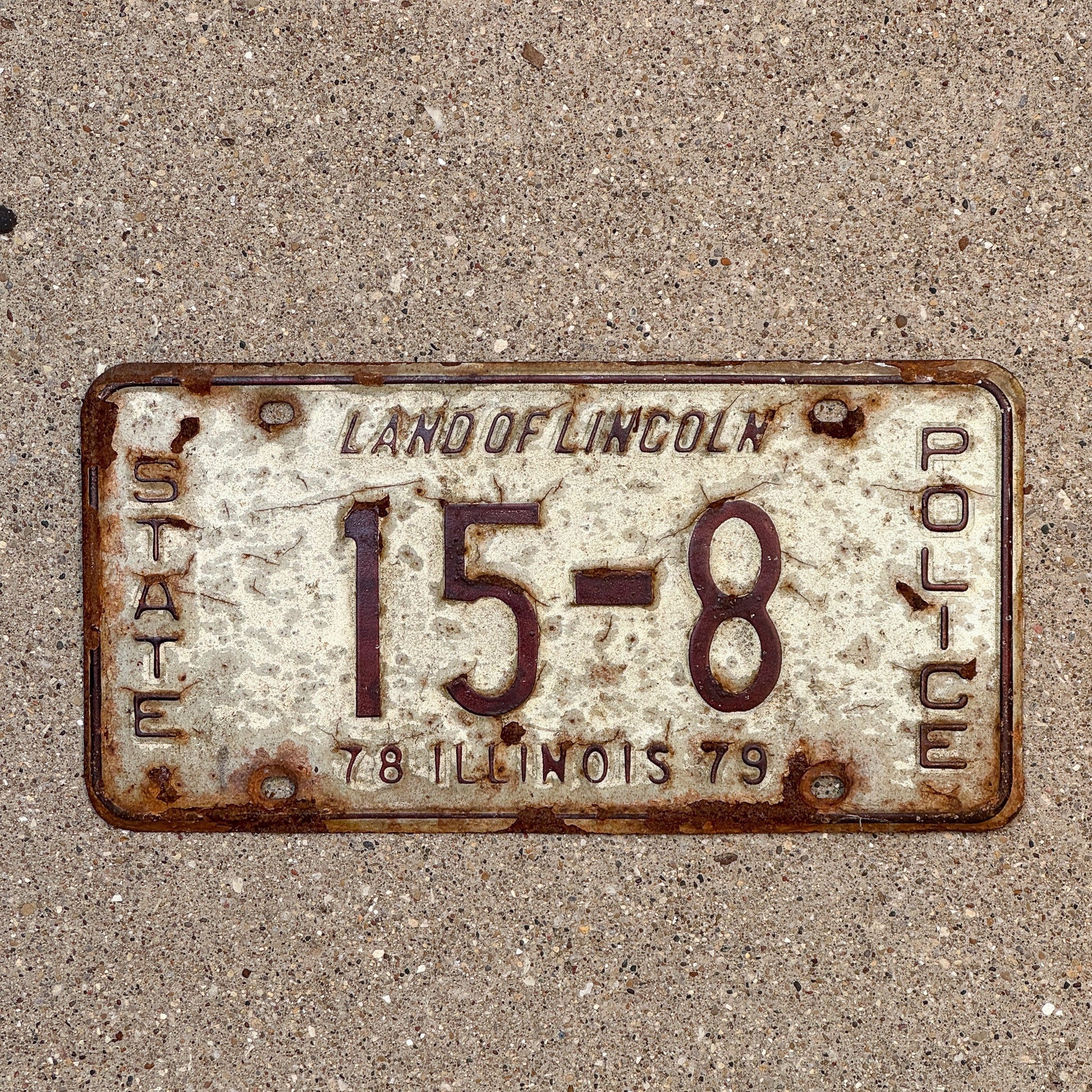 Photo of a 1979 Illinois State Police License Plate Auto Tag Garage Decor Vintage Patrol Cop Trooper 15 8 with original patina