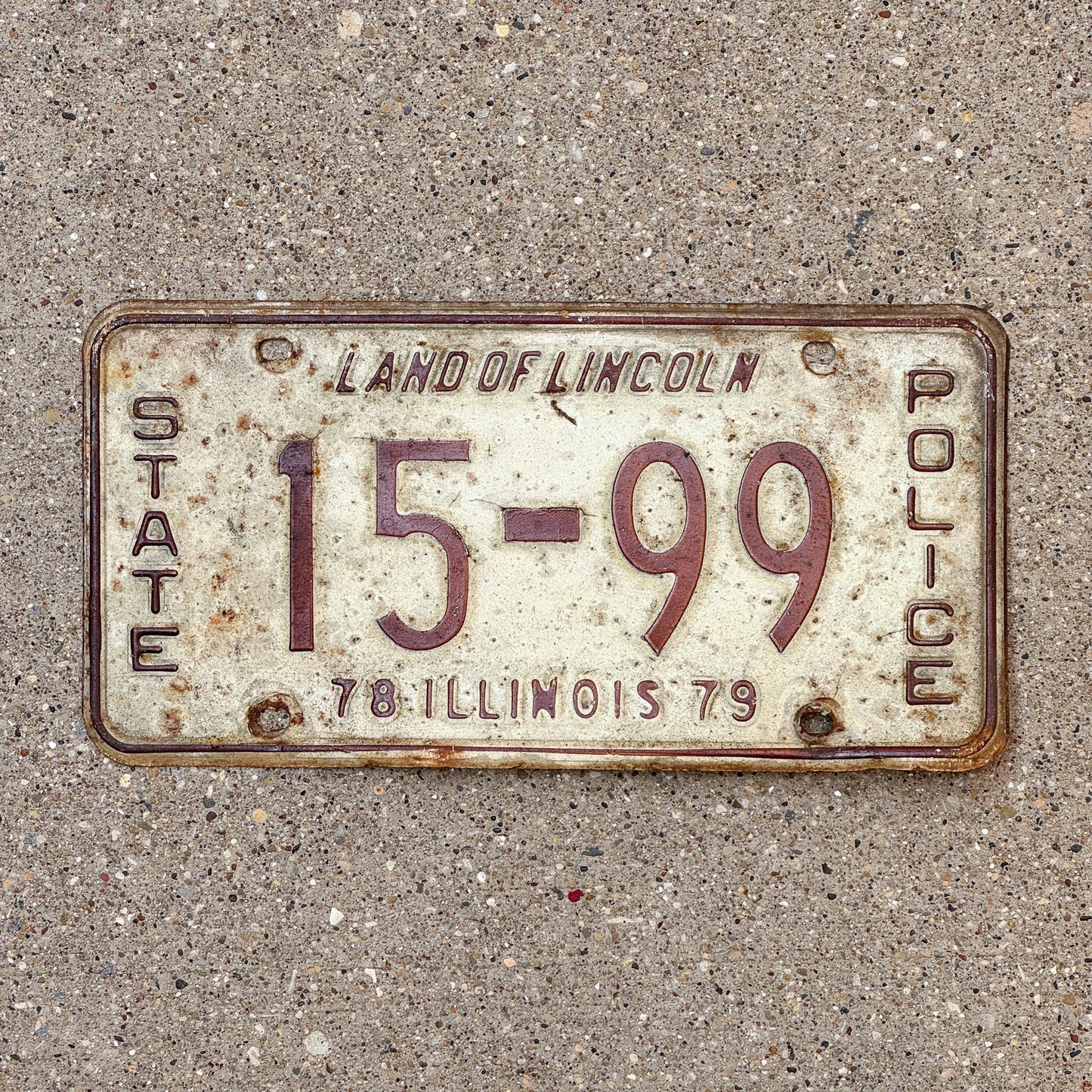 Photo of a 1979 Illinois State Police License Plate Auto Tag Garage Decor Vintage Patrol Cop Trooper 15 99 with original patina