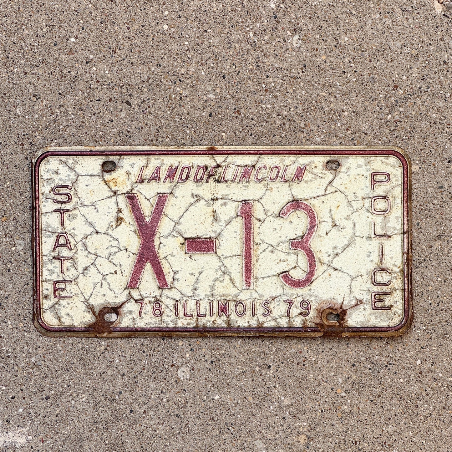 Photo of a 1979 Illinois State Police License Plate Auto Tag Garage Decor Vintage Patrol Cop Trooper X 13 with original patina