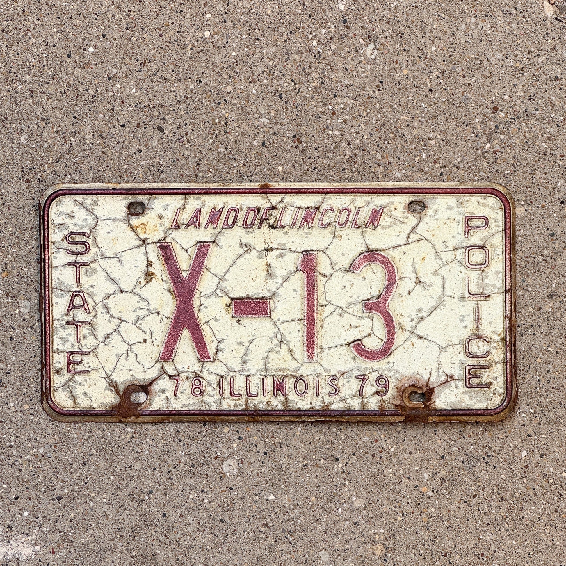 Photo of a 1979 Illinois State Police License Plate Auto Tag Garage Decor Vintage Patrol Cop Trooper X 13 with original patina