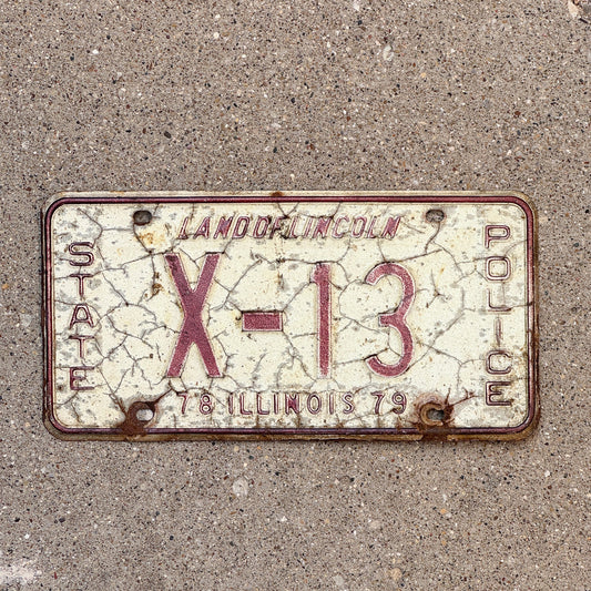 Photo of a 1979 Illinois State Police License Plate Auto Tag Garage Decor Vintage Patrol Cop Trooper X 13 with original patina