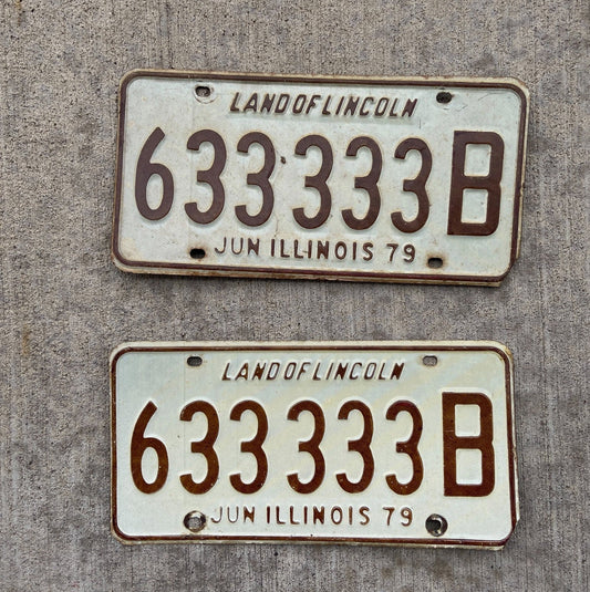 Photo of a 1979 Illinois Truck License Plate Pair Auto Tag Garage Decor Vintage Repeat Repeating Great Number 633 333 B with original patina
