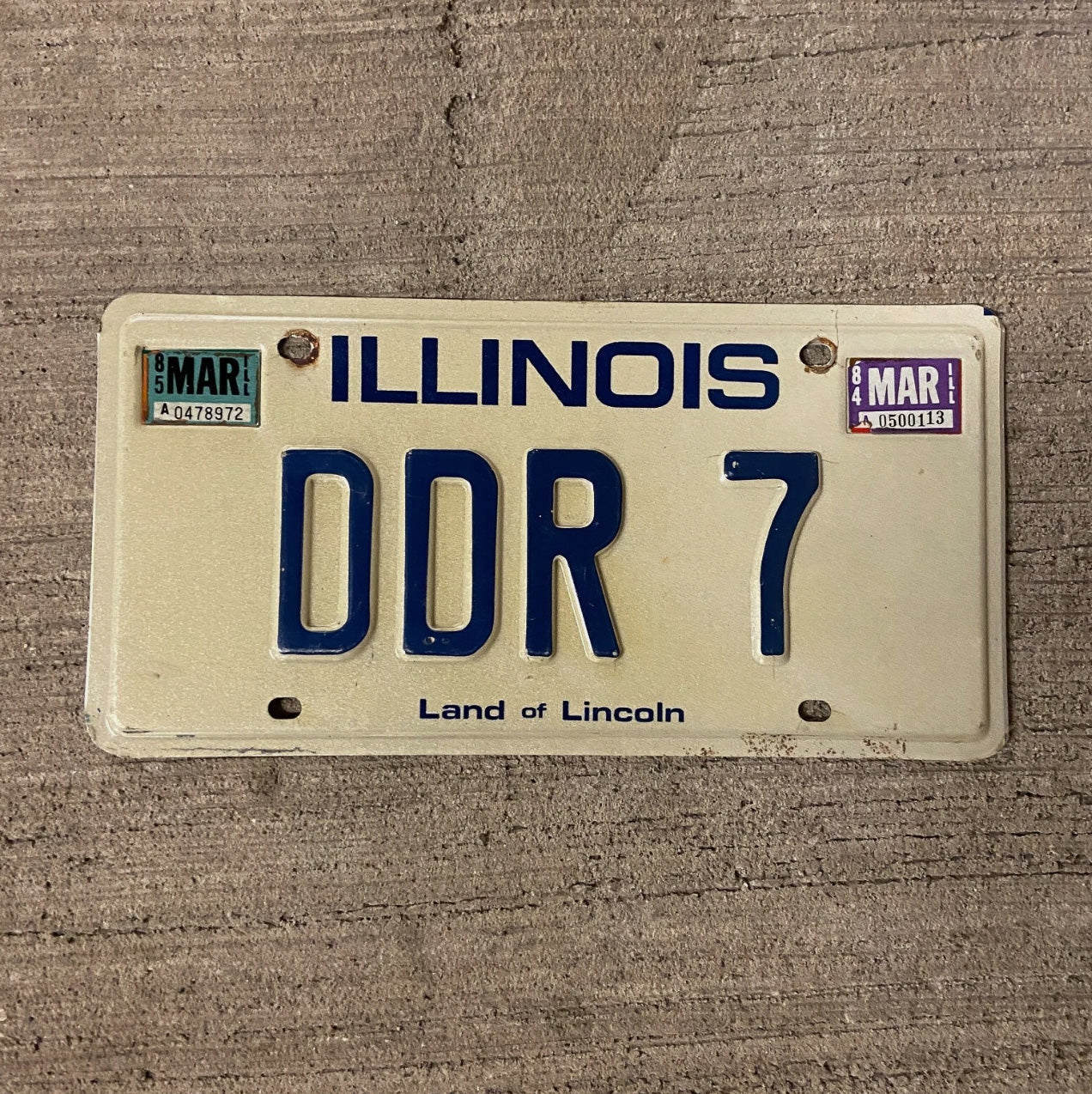Photo of a 1979 Illinois Vanity License Plate Auto Tag 1 Vintage Garage DDR 7 with original patina