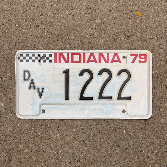 Photo of a 1979 Indiana Disabled Veteran License Plate Auto Tag Garage Decor Vintage DAV Repeat Repeating 1222 with original patina