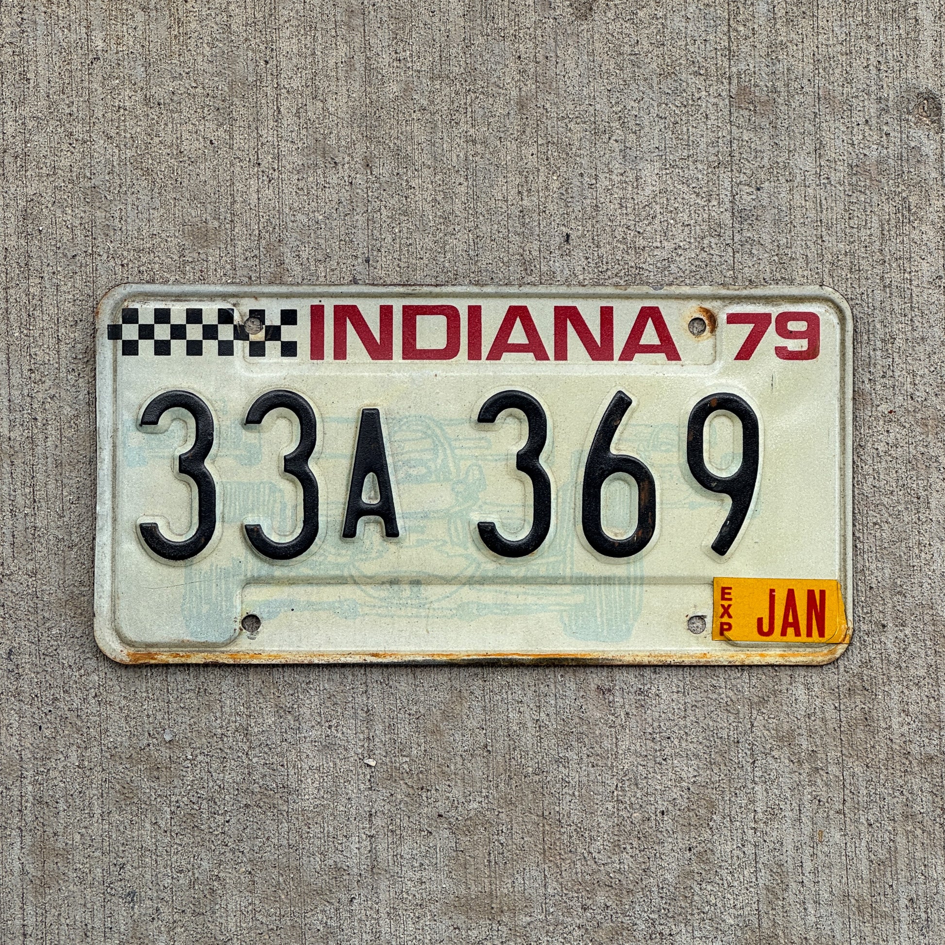 Photo of a 1979 Indiana License Plate Auto Tag Garage Decor Vintage 33 A 369 with original patina