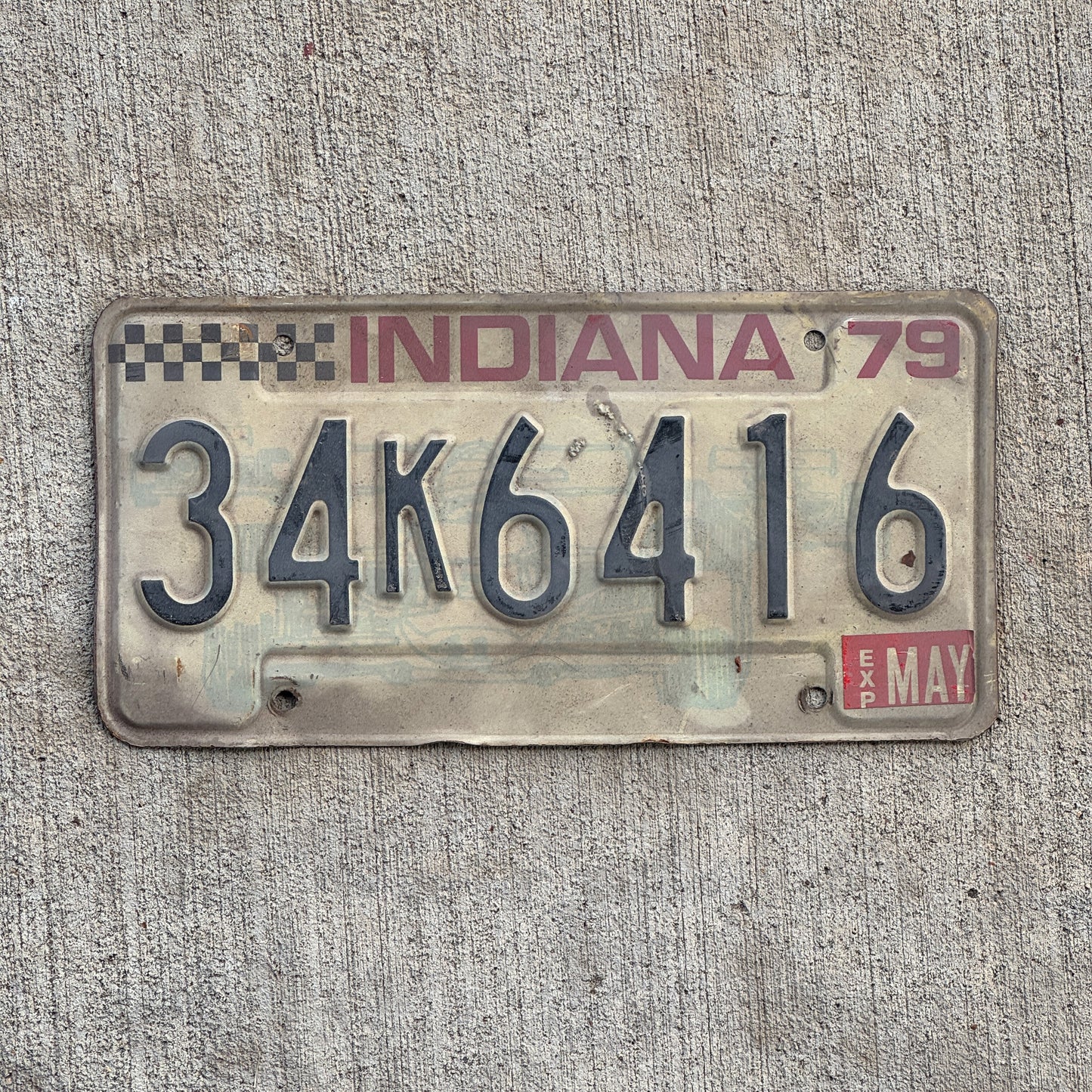 Photo of a 1979 Indiana License Plate Auto Tag Garage Decor Vintage 34 K 6416 with original patina