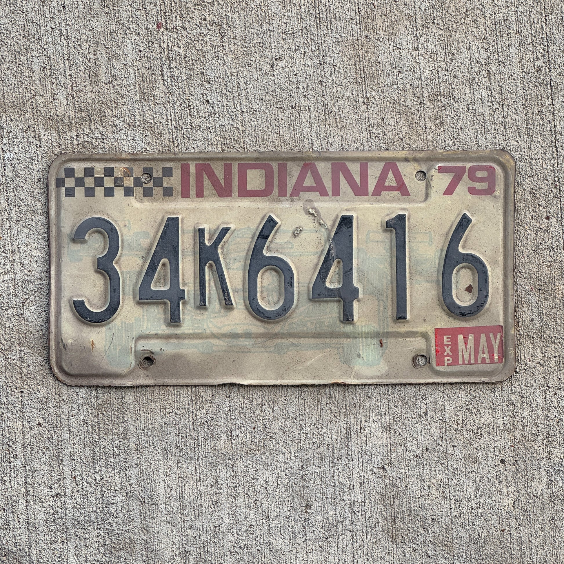 Photo of a 1979 Indiana License Plate Auto Tag Garage Decor Vintage 34 K 6416 with original patina