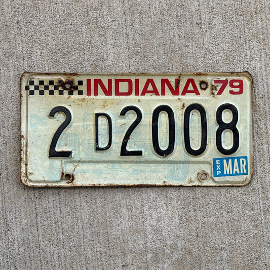 Photo of a 1979 Indiana License Plate Auto Tag Garage Decor Vintage Checkered Race Car 2 D 2008 with original patina