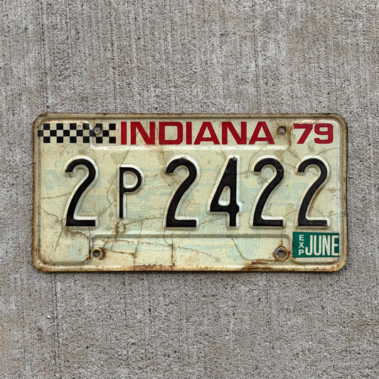 Photo of a 1979 Indiana License Plate Auto Tag Garage Decor Vintage Checkered Race Car 2 P 2422 with original patina