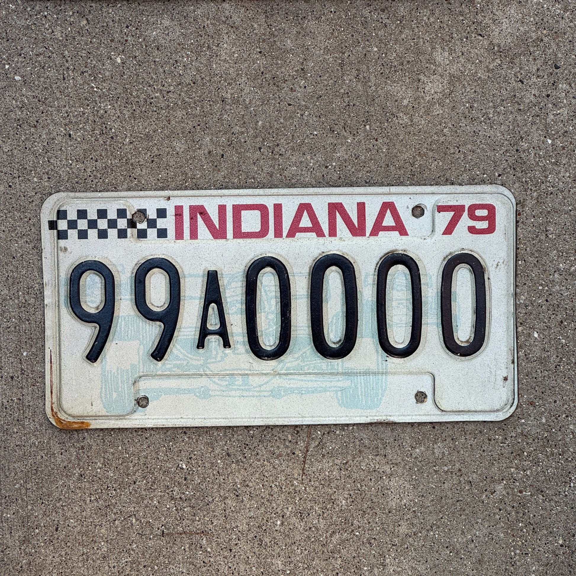 Photo of a 1979 Indiana Sample License Plate Auto Tag 2 Garage Decor 99A0000 with original patina