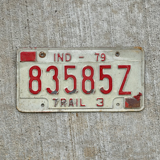 Photo of a 1979 Indiana Trailer License Plate Auto Tag Garage Decor Vintage 83585 Z with original patina