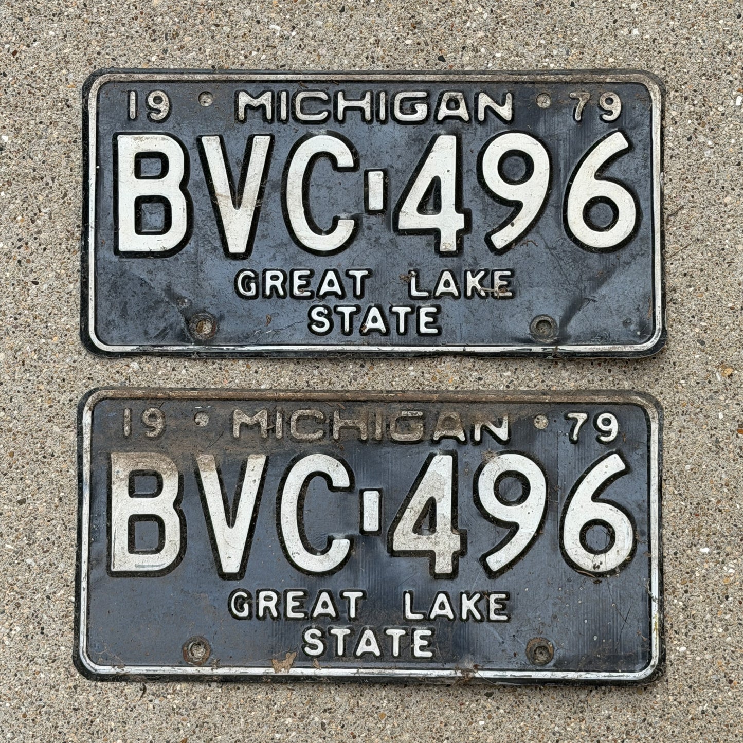 Photo of a 1979 Michigan License Plate Pair Auto Tag Garage Decor Vintage BVC 496 with original patina