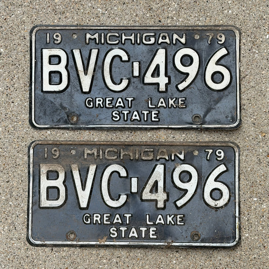 Photo of a 1979 Michigan License Plate Pair Auto Tag Garage Decor Vintage BVC 496 with original patina