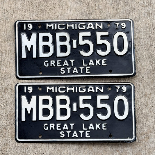 Photo of a 1979 Michigan License Plate Pair Auto Tag Garage Decor Vintage MBB 550 with original patina