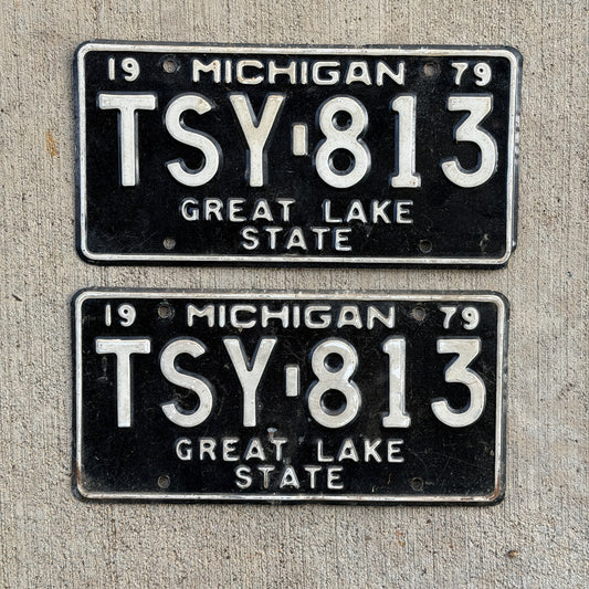Photo of a 1979 Michigan License Plate Pair Auto Tag Garage Decor Vintage TSY 813 with original patina