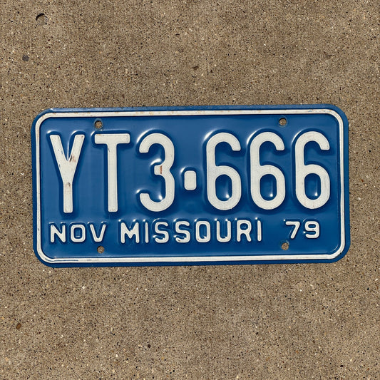 Photo of a 1979 Missouri License Plate Auto Tag Garage Decor Vintage Devil Evil Repeat YT3 666