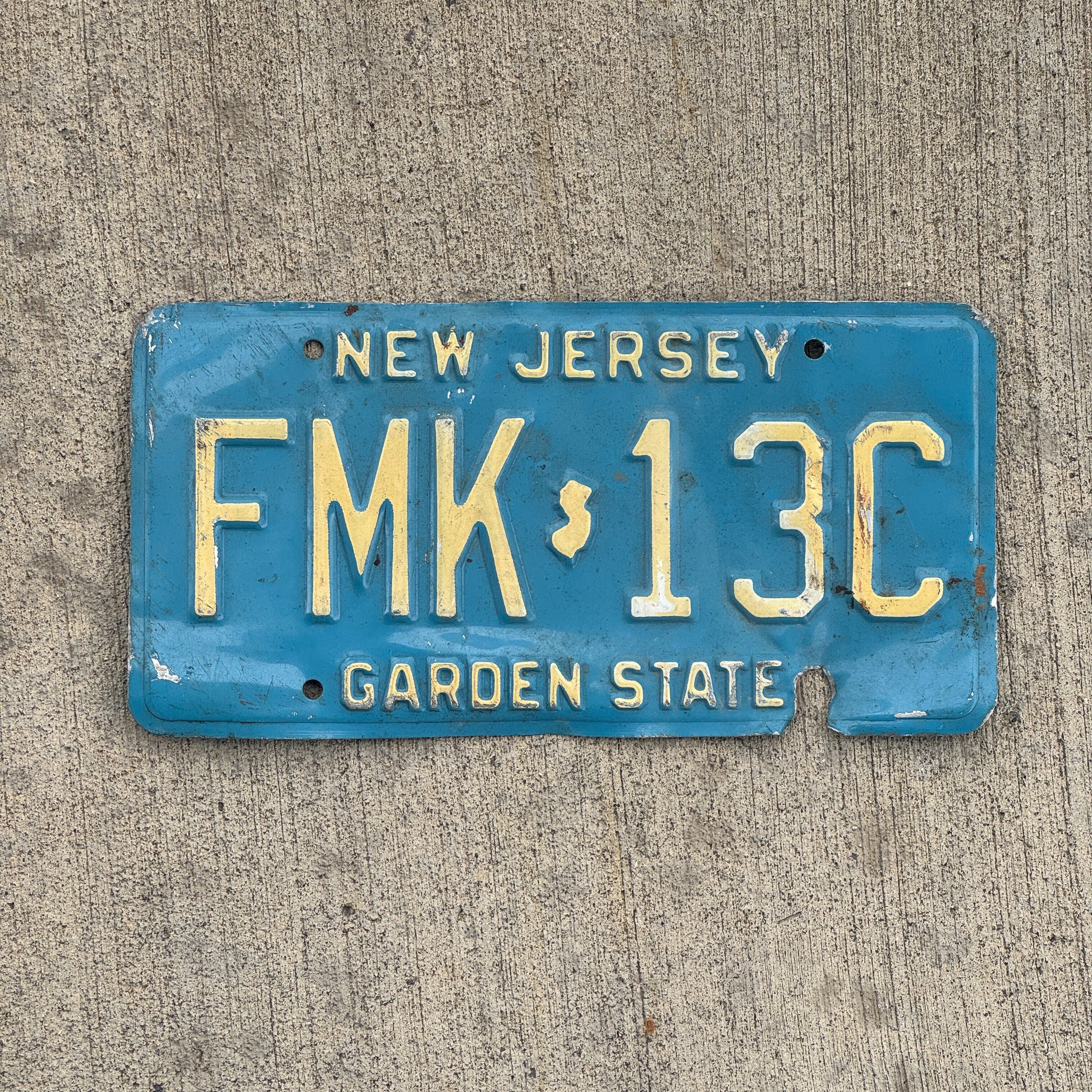 Photo of a 1979 New Jersey License Plate Auto Tag 1 Vintage Garage Blue FMK 13C with original patina