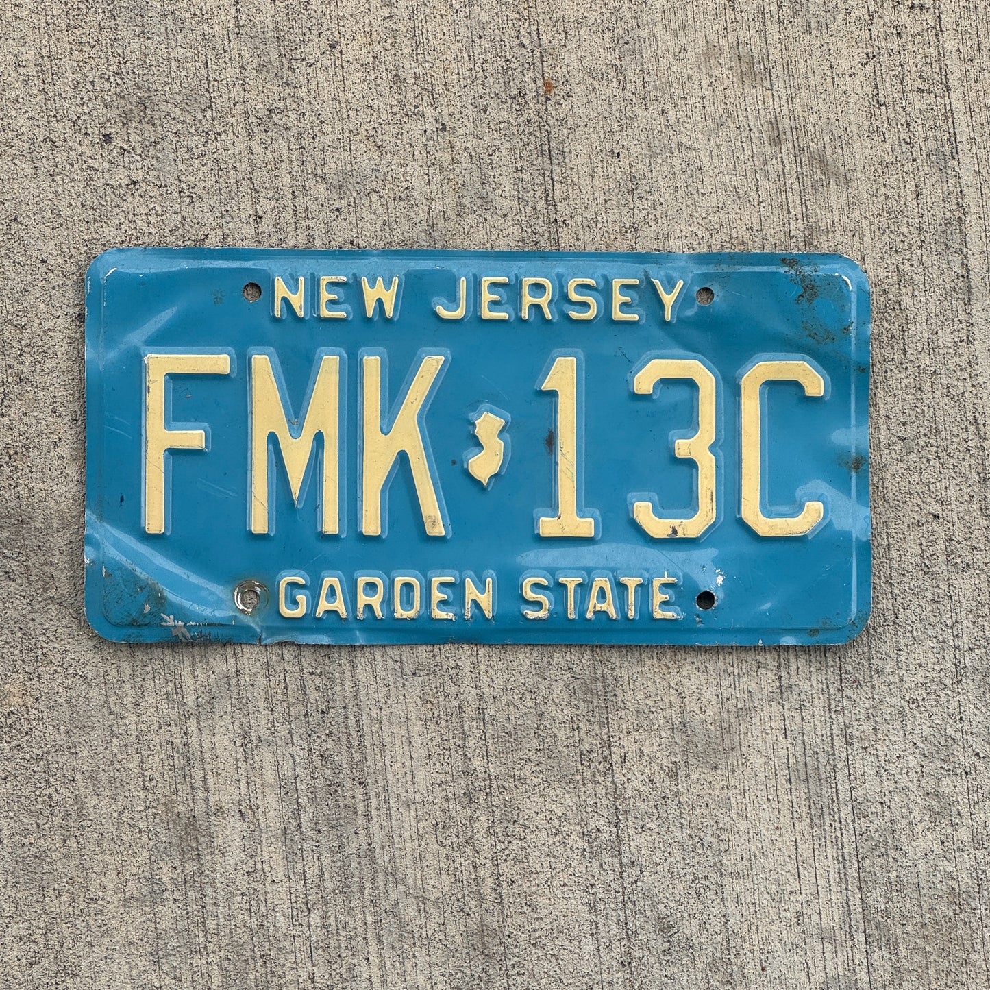 Photo of a 1979 New Jersey License Plate Auto Tag 2 Vintage Garage Blue FMK 13C with original patina