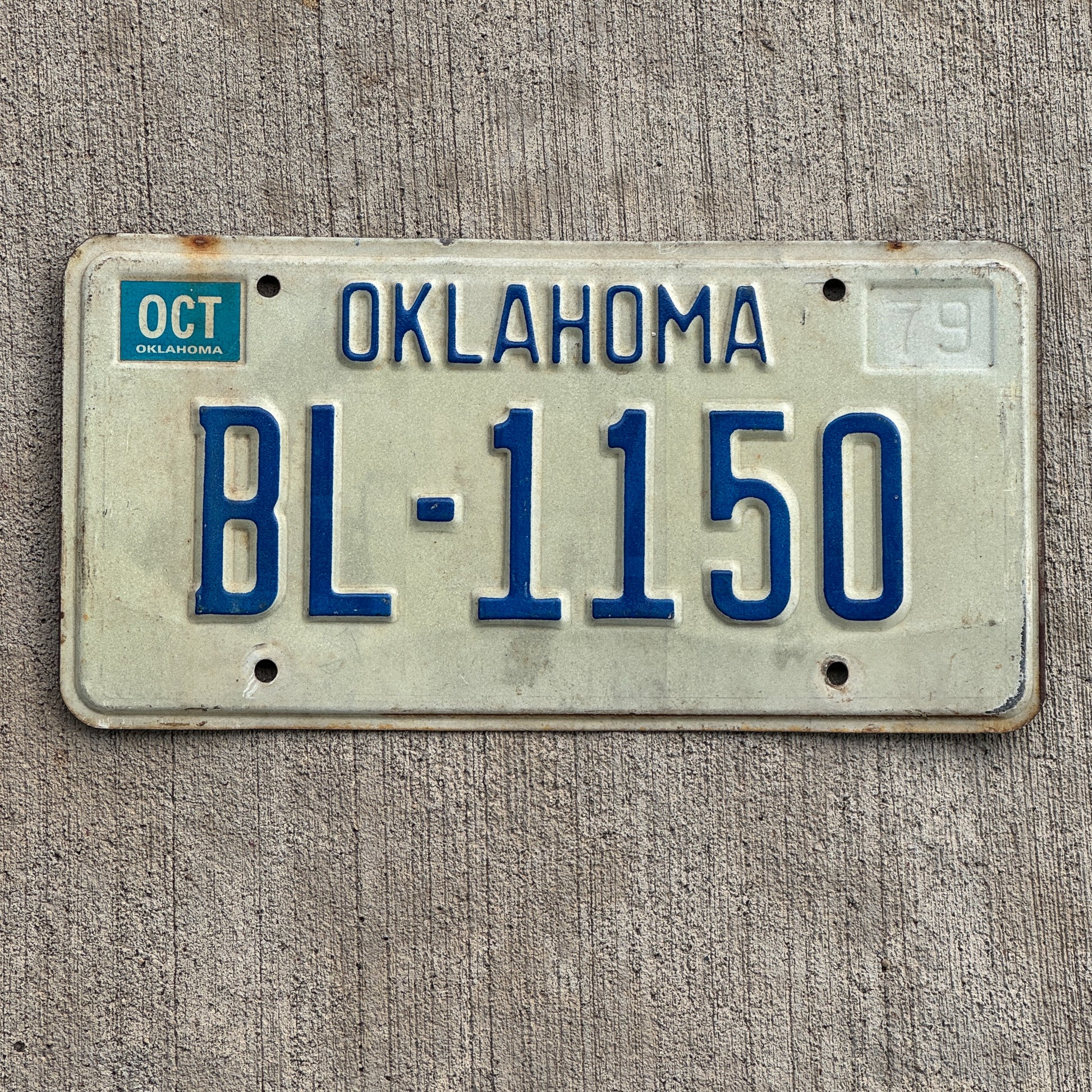 Photo of a 1979 Oklahoma License Plate Auto Tag Garage Decor Vintage BL 1150 with original patina