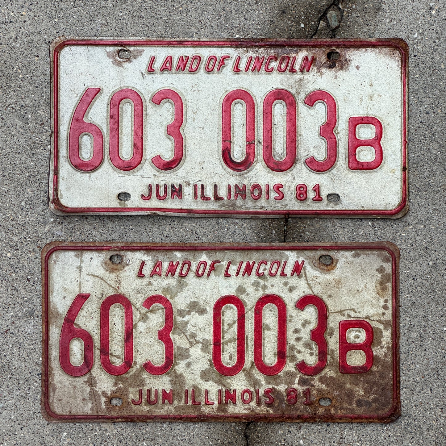 Photo of a 1980 1981 Illinois Truck License Plate Pair Auto Tag Garage Decor Vintage 603 003 B with original patina